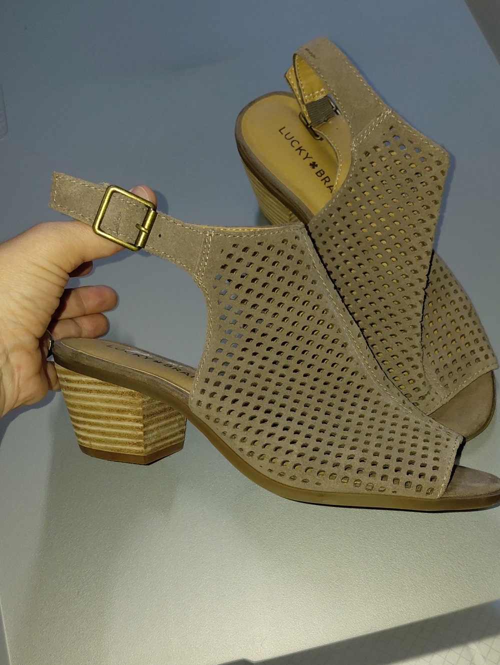 LUCKY Brand Taupe Perforated Slingback Block Heel Sandals Women 8.5